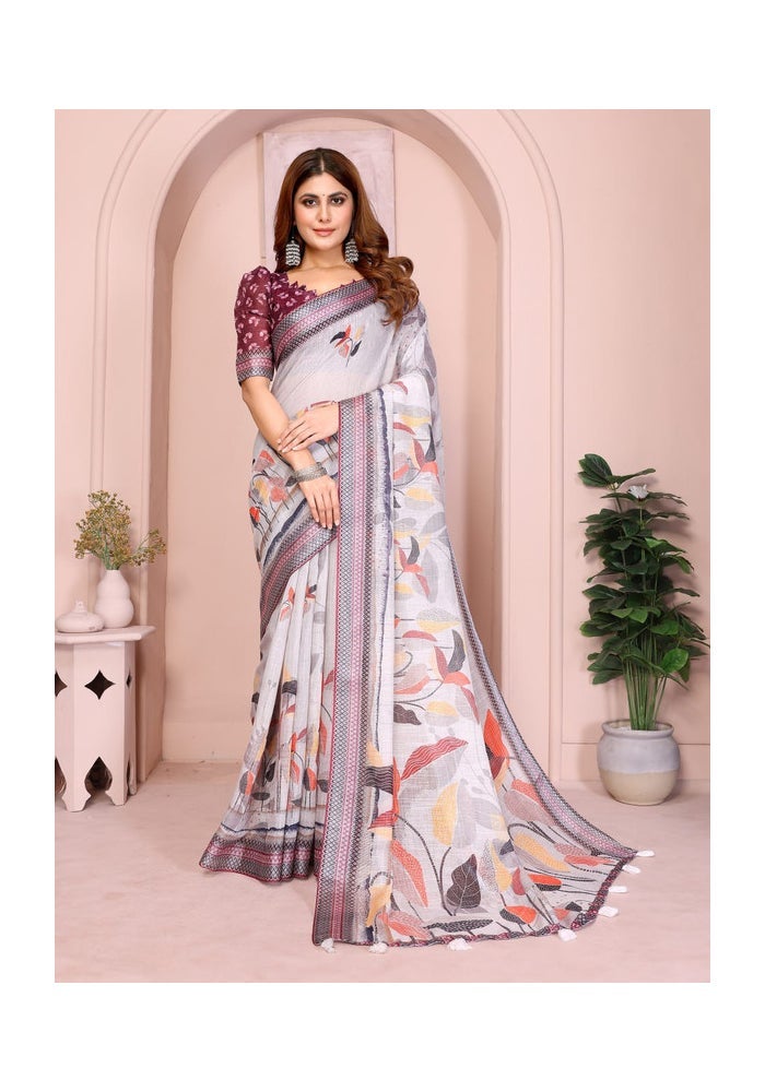 Malishka Export Linen Cotton Grey Saree for Women - Image 1